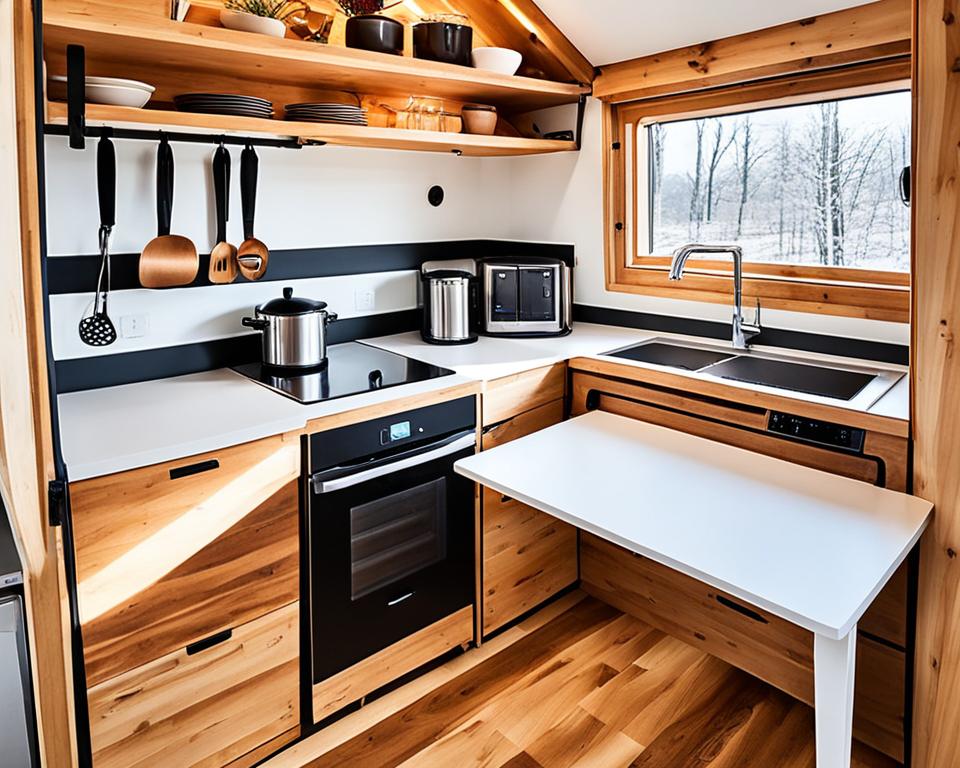 compact kitchen in a foldable tiny house