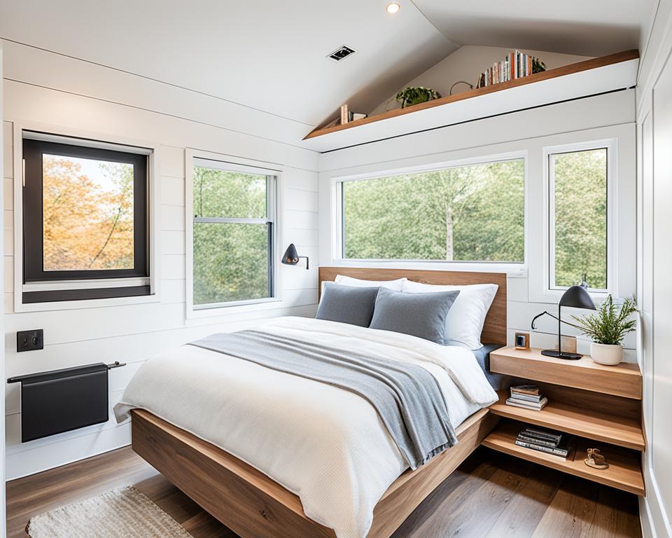 space-saving nightstands and side tables in a tiny house bedroom